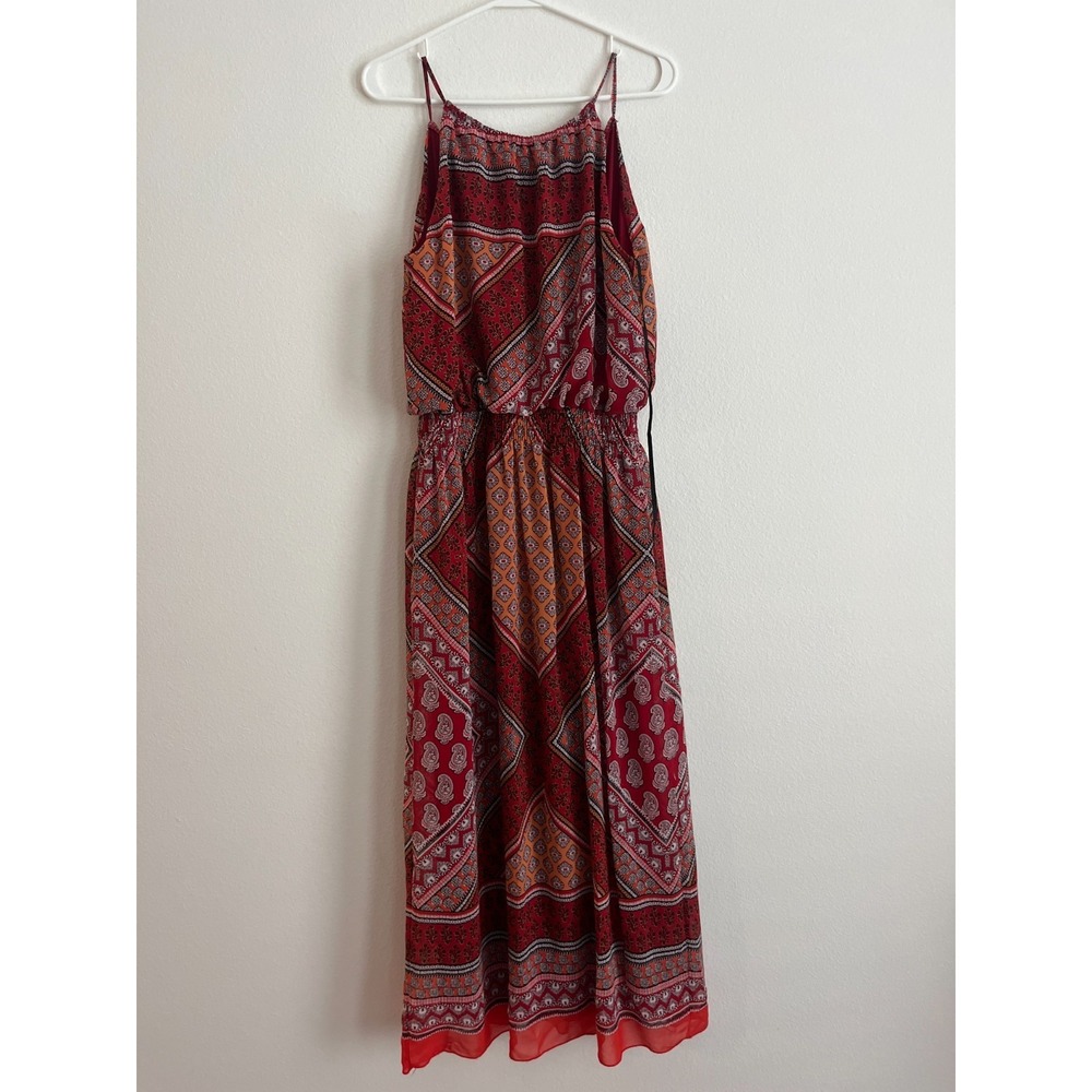 Enfocus Studio Maxi Dress Womens 12 Petite Red Geometric Smocked Waist Cocktail
